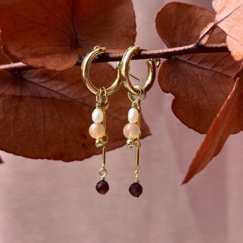 Magic Charm Earrings Peach Moonstone x Garnet • 14k Gold Filled • Pair • With hoops or Charms only