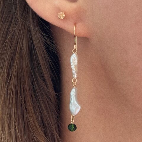Earrings Double Pearl x Little Sparkle Green • 14k Gold Filled • Pair