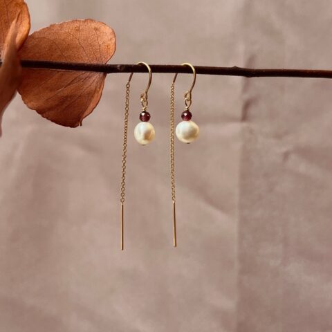 Pearl Threader Earrings Garnet • 14k Gold Filled • Pair
