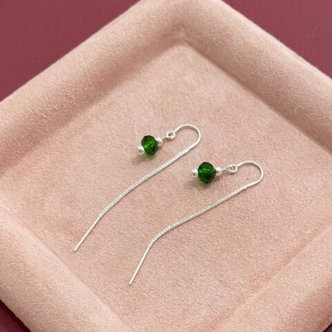 Little Sparkle Threader Earrings Green • 925 Sterling Silver • Pair