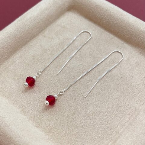 Little Sparkle Threader Earrings Long Red • 925 Sterling Silver • Pair
